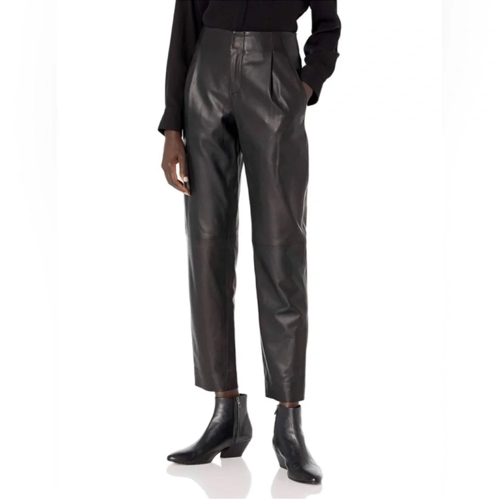 Vince Black Leather Pleat Tapered Pants - Picture 3 of 12